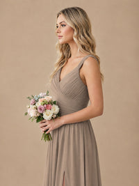 Pleated Chiffon V Neck Wedding Bridesmaid Dresses Floor Length with Slit