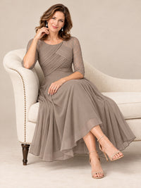 Tea-Length Mother of the Bride Dress with Lace 3/4 Sleeves