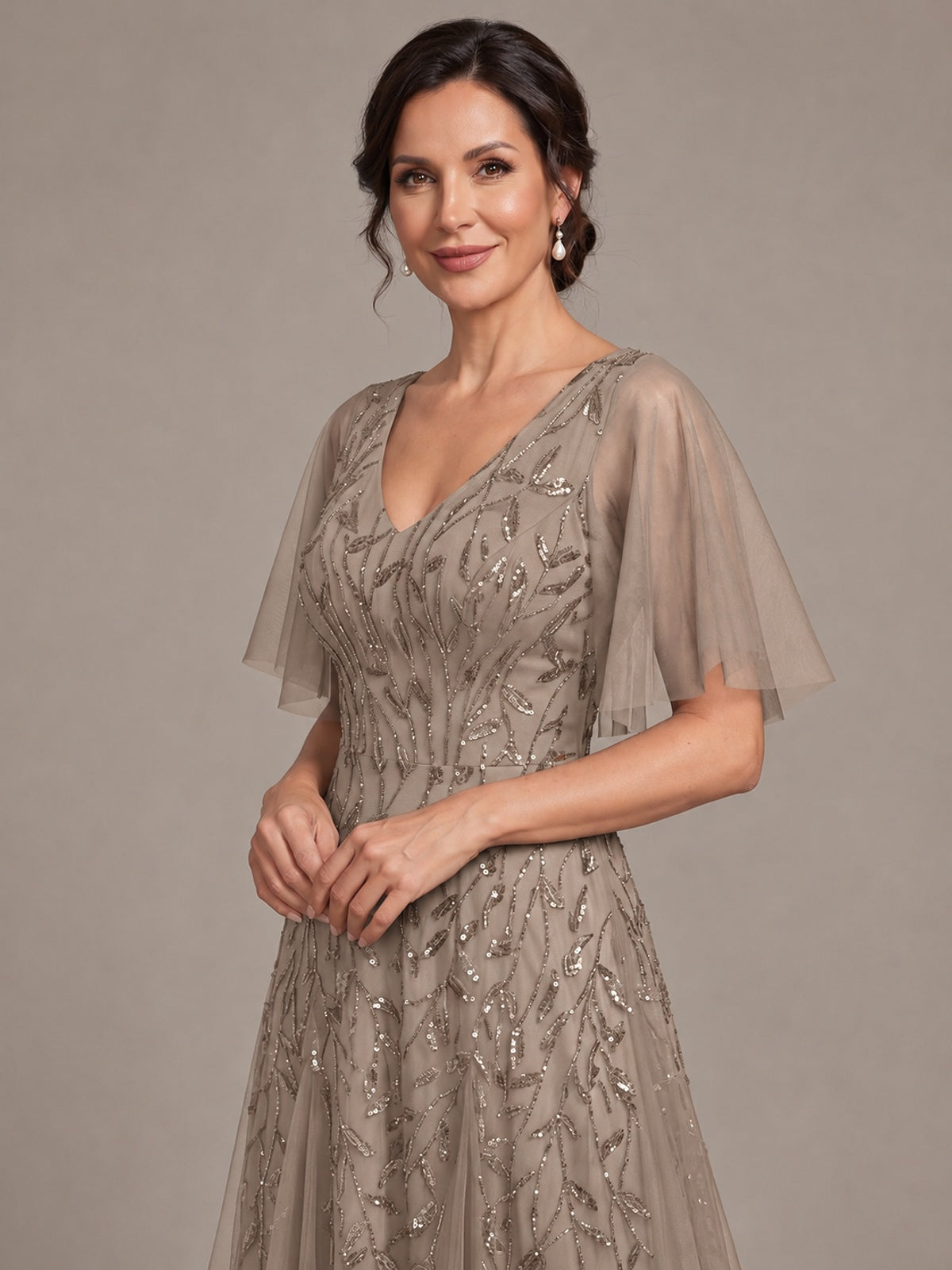 V-Neck Sequin Tulle Mother of the Bride Dress with Flutter Sleeve
