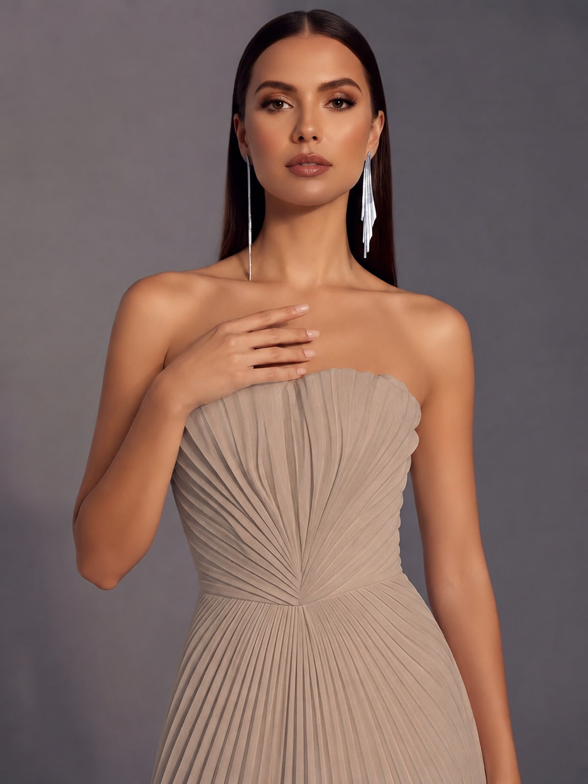 Strapless A-line Long Pleated Satin Prom Dress