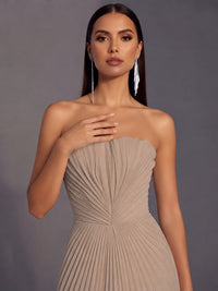 Strapless A-line Long Pleated Satin Prom Dress