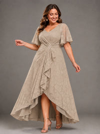 Jacquard Chiffon A-Line V-Neck High-Low Mother of the Bride Dress