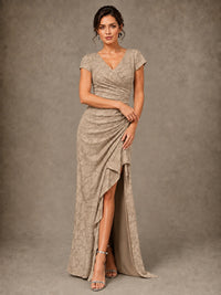 V-Neck Floral Jacquard Mother of the Bride Dress with Slit
