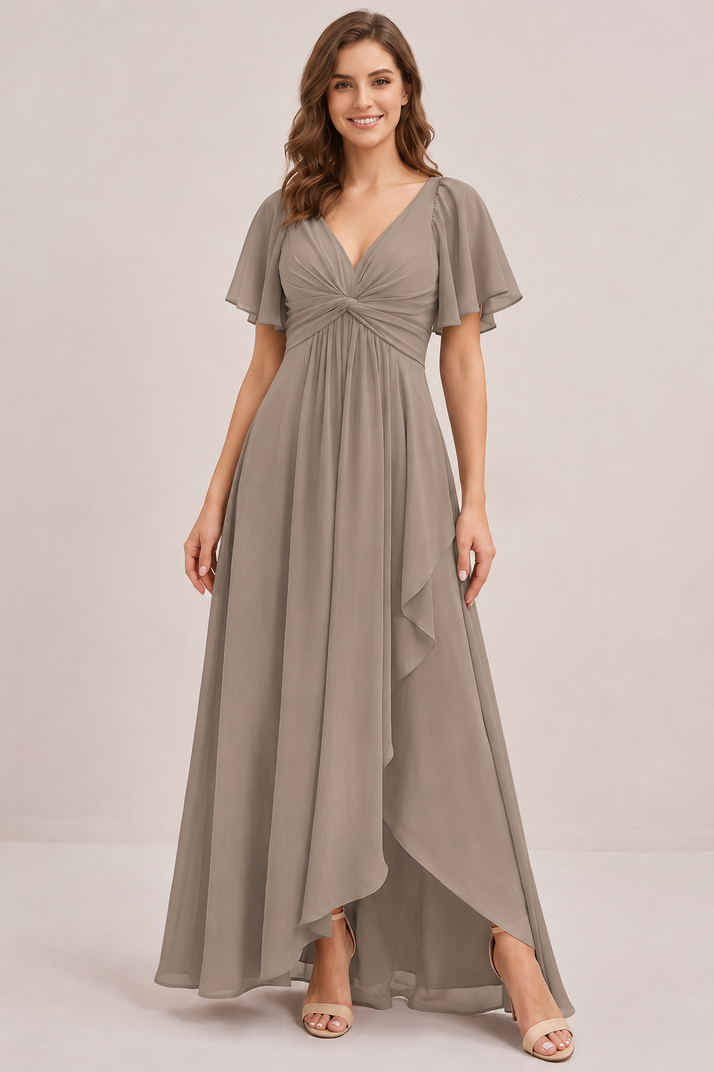 Dusty Blue Chiffon Bridesmaid Dress with Flutter Sleeves & High-Low Hem