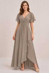 Dusty Blue Chiffon Bridesmaid Dress with Flutter Sleeves & High-Low Hem