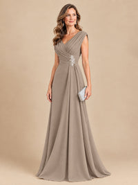 V Neck Pleated Mother of The Bride Dresses with Beading Cap Sleeves
