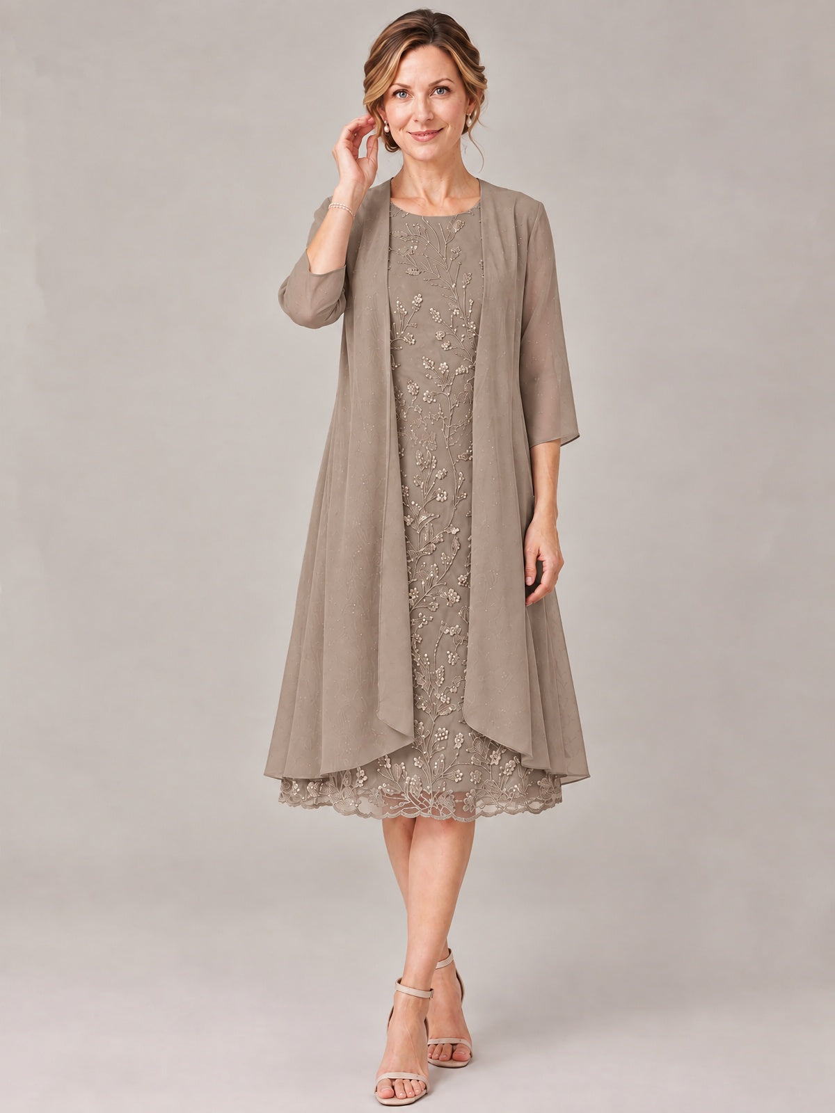 Tea Length Sequin Lace Mother of The Bride Dress with Chiffon Jacket