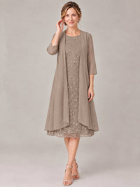 Tea Length Sequin Lace Mother of The Bride Dress with Chiffon Jacket