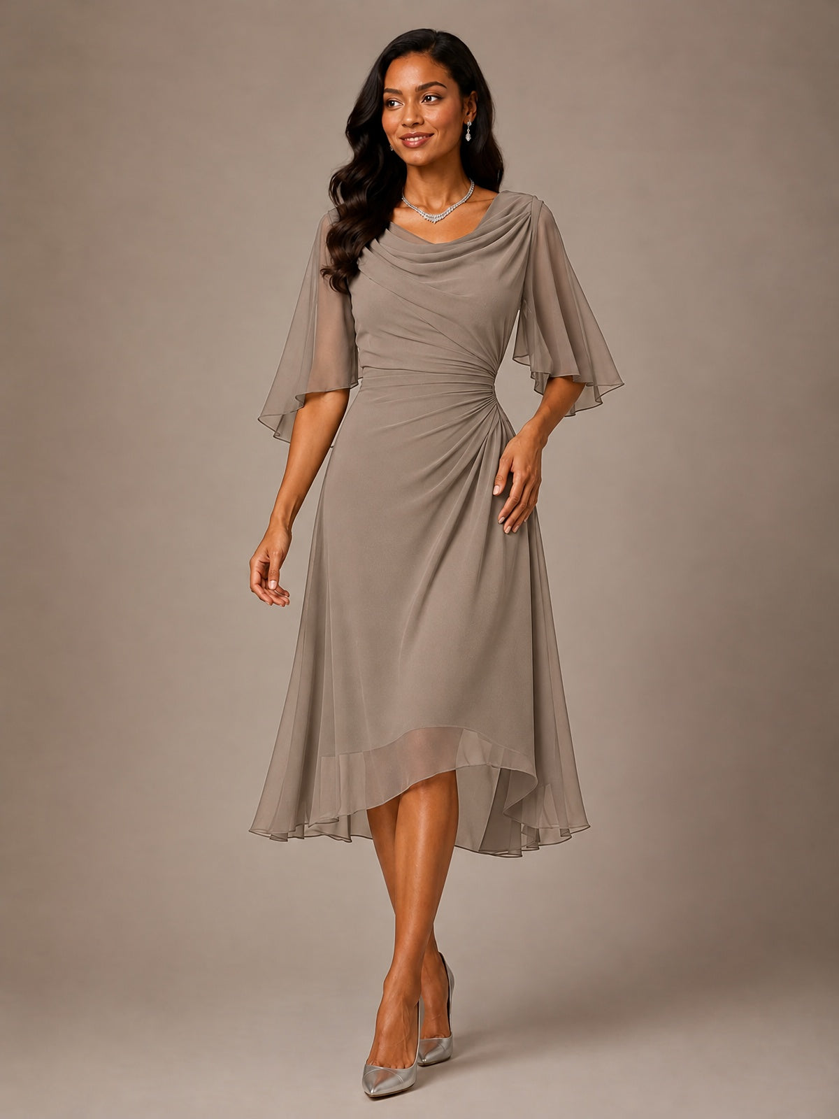 Cowl Neck Ruched Chiffon Mother of the Bride Dresses with Flutter Sleeves