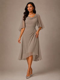 Cowl Neck Ruched Chiffon Mother of the Bride Dresses with Flutter Sleeves