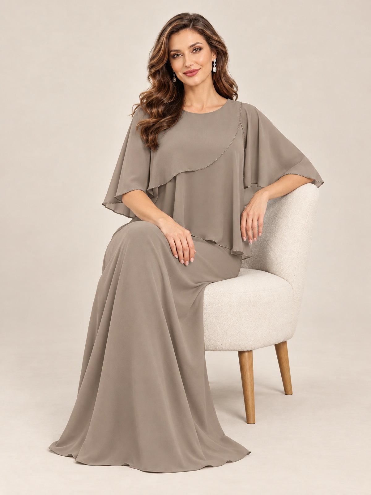Cape Sleeve Mother of the Bride Dress with Asymmetrical Overlay