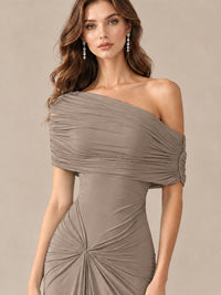 Elegant Draped Off Shoulder Ruched Mermaid Chiffon Formal Evening Gown