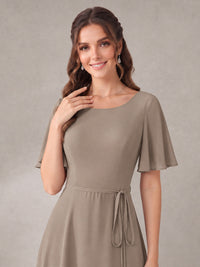 Scoop Neck A-line Chiffon Bridesmaid Dress with Flutter Sleeve & Belt