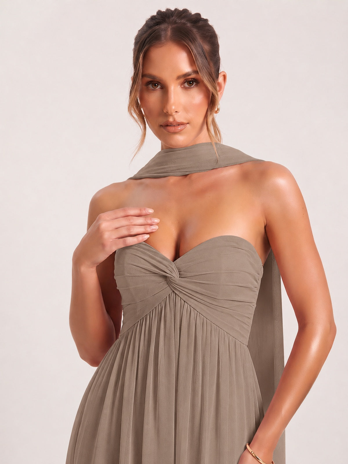 Strapless Ruched Chiffon Long Prom Dress with Scarf