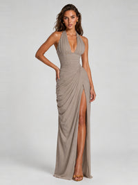 Ruched Halter Neck High-Slit Prom & Evening Dress