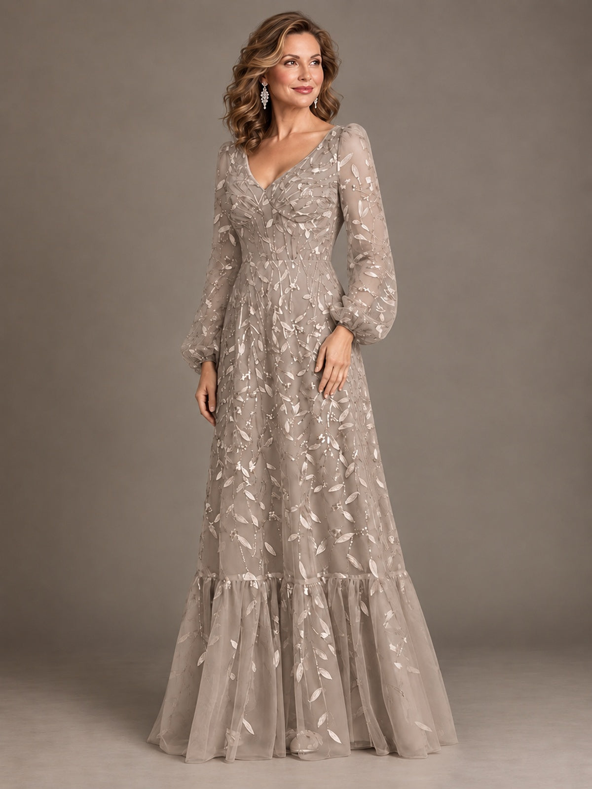 Floral Sequin Embroidered A-Line Mother of the Bride Dress with Long Sleeves