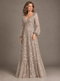 Floral Sequin Embroidered A-Line Mother of the Bride Dress with Long Sleeves