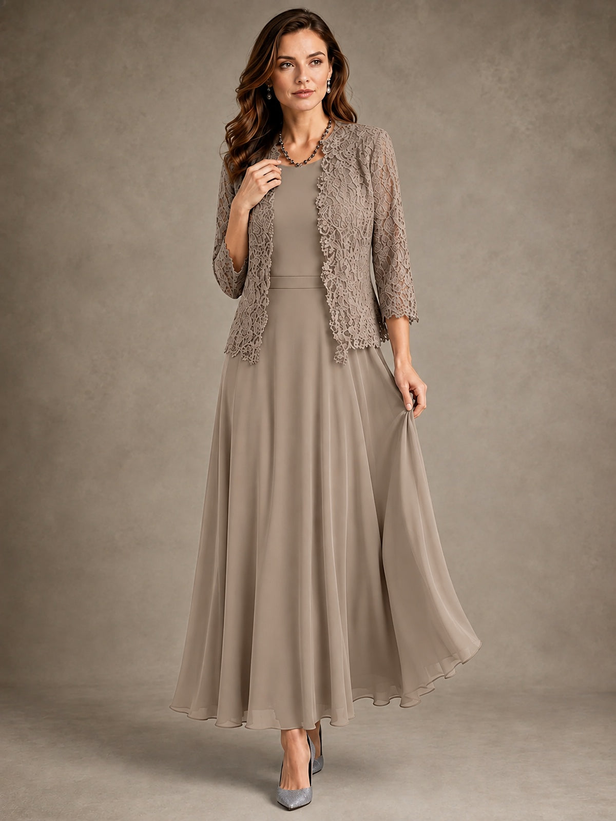 2-Piece Chiffon Mother of the Bride Dress with Lace Jacket