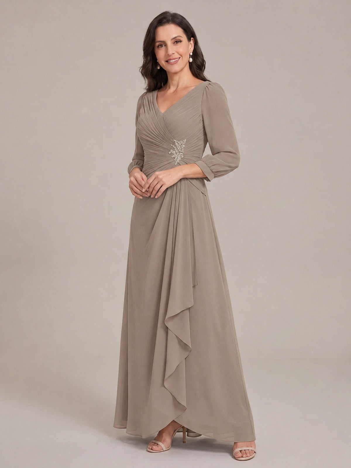 V-Neck Pleated Chiffon Mother of the Bride Dress with Flutter Sleeves