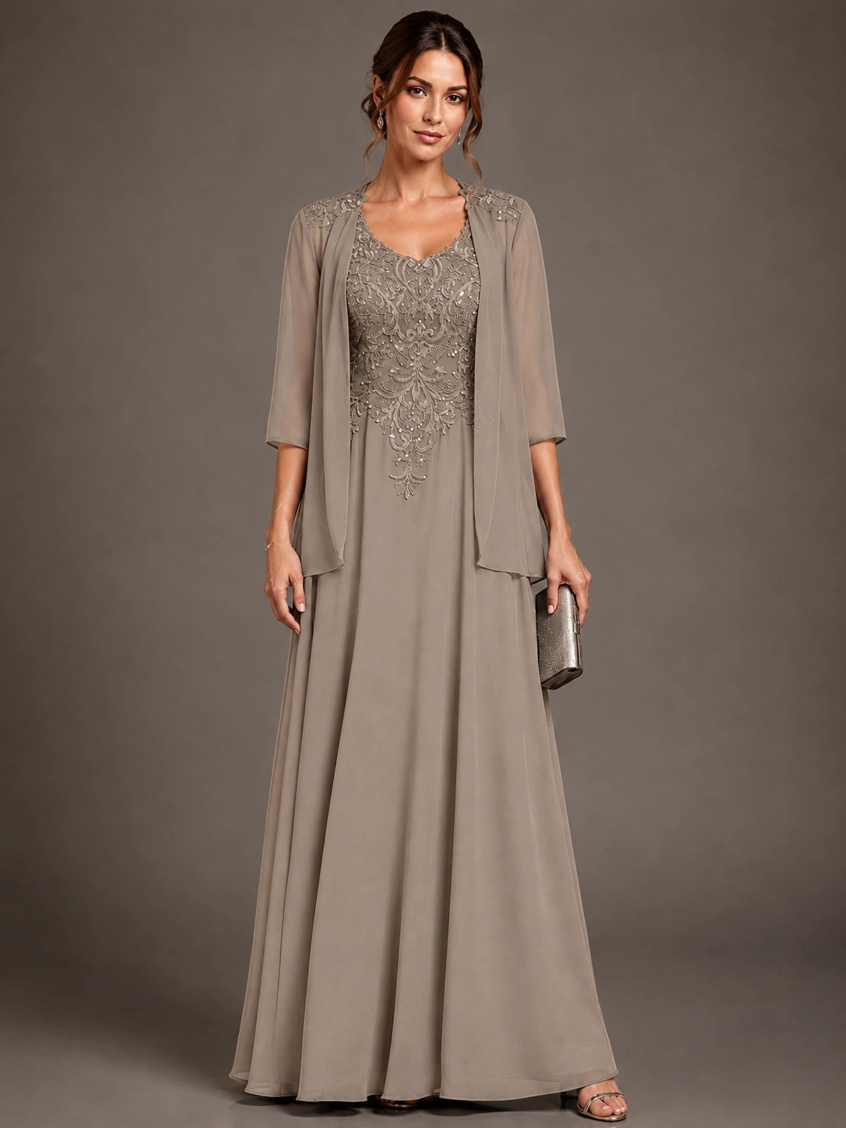 A-line 2 Pieces Chiffon Appliques Mother of The Bride Dresses with Jackets