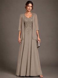 A-line 2 Pieces Chiffon Appliques Mother of The Bride Dresses with Jackets