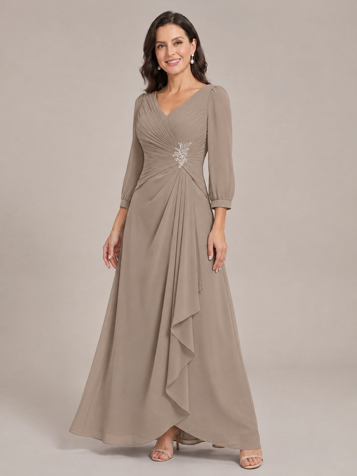 V-Neck Pleated Chiffon Mother of the Bride Dress with Flutter Sleeves