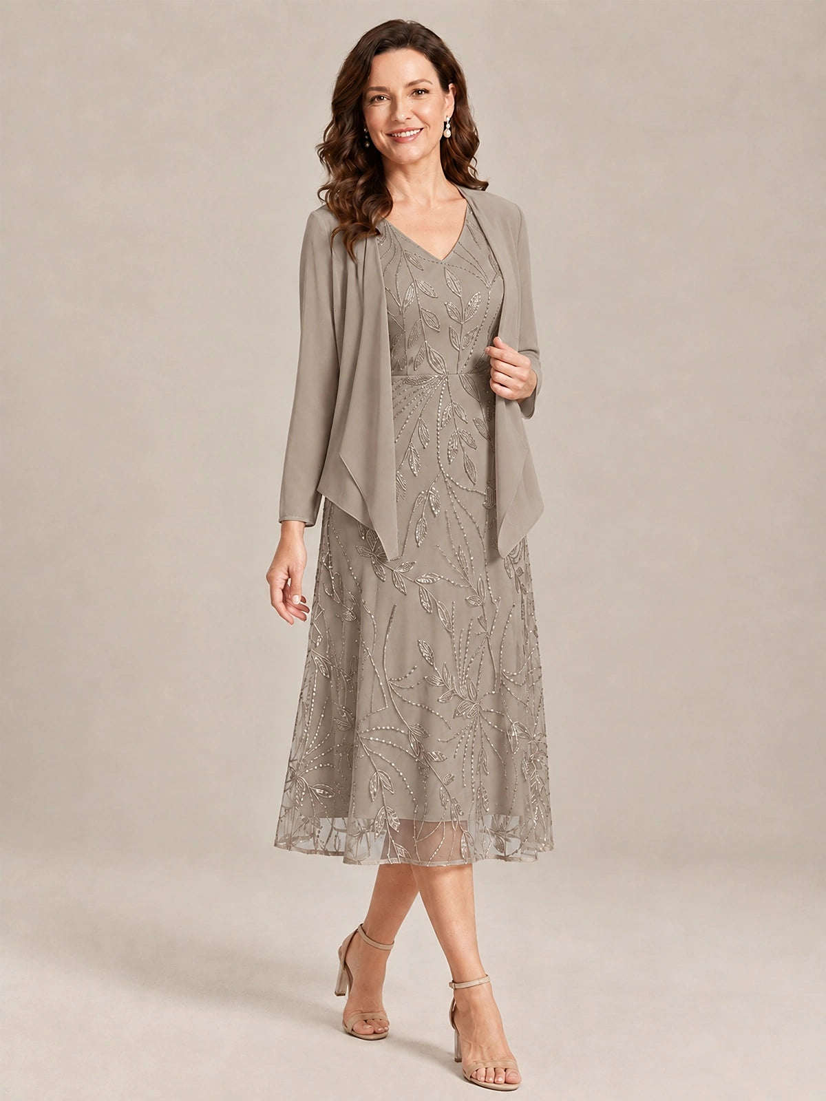 Tea Length Sequin Lace Mother of the Bride Dress with Chiffon Jacket