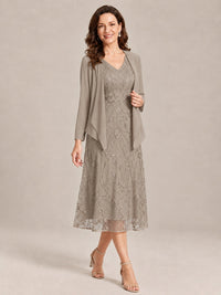 Tea Length Sequin Lace Mother of the Bride Dress with Chiffon Jacket