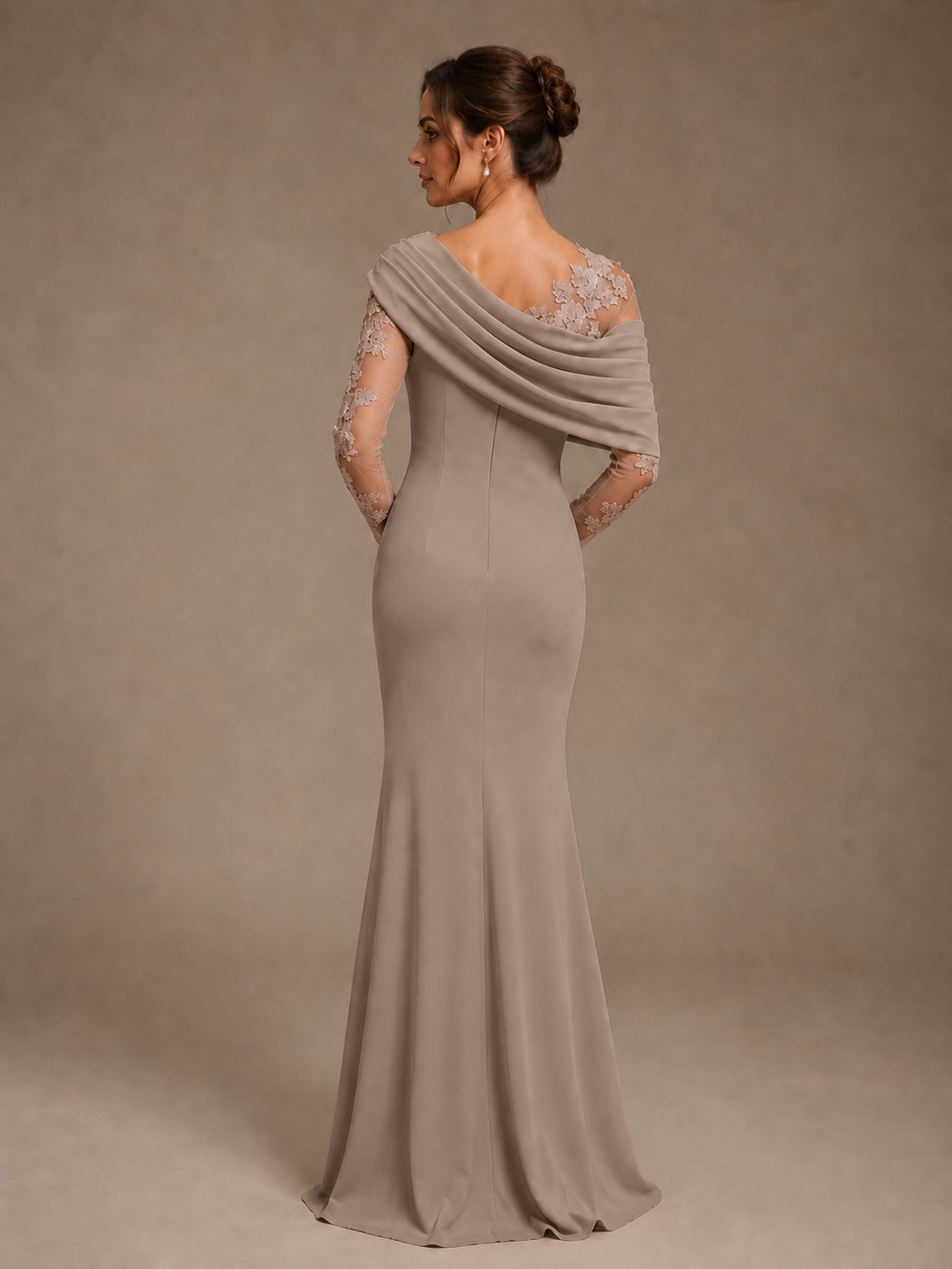 Dusty Rose Illusion Long Sleeve Chiffon Applique Mother of The Bride Dress
