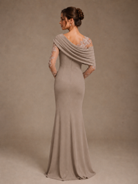 Dusty Rose Illusion Long Sleeve Chiffon Applique Mother of The Bride Dress
