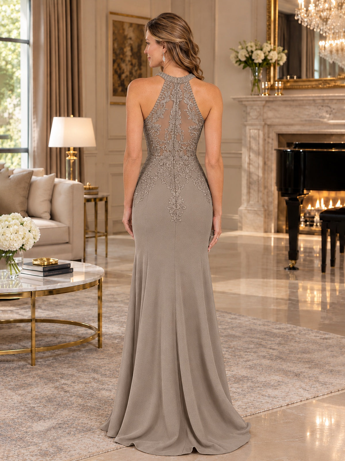 Halter Neckline Lace Appliques Mother of The Bride Dresses