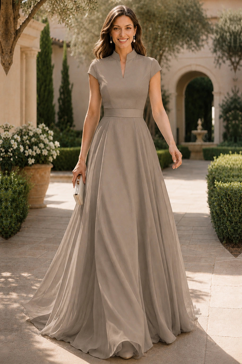 V Neck Cap Sleeve A-Line Floor-Length Satin Bridesmaid Dress