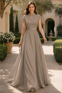 V Neck Cap Sleeve A-Line Floor-Length Satin Bridesmaid Dress