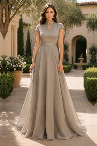 V Neck Cap Sleeve A-Line Floor-Length Satin Bridesmaid Dress