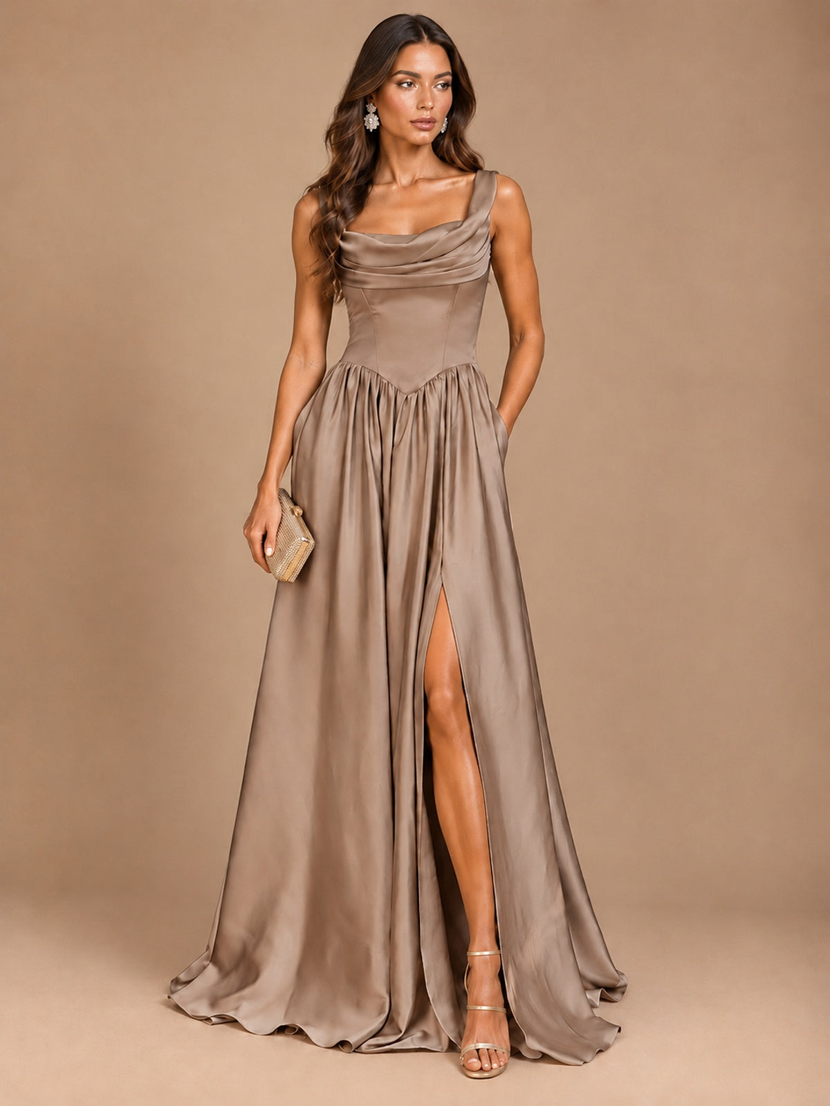 Cowl Neck Pleated Satin Prom Dress with Pockets & Slit Maxi Formal Gowns