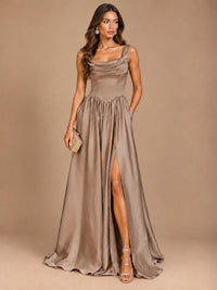 Cowl Neck Pleated Satin Prom Dress with Pockets & Slit Maxi Formal Gowns