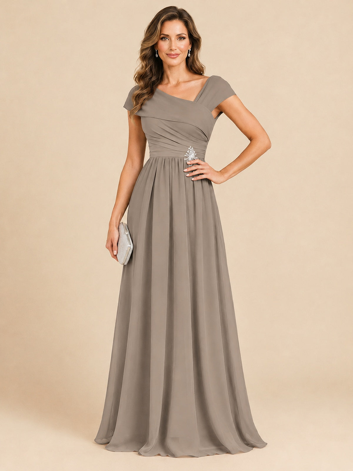 Cap Sleeve Mother of The Bride Dresses Long Chiffon Formal Gowns