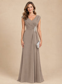 V Neck Pleated Mother of The Bride Dresses with Beading Cap Sleeves