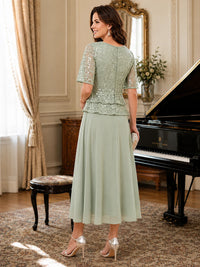 Tea-Length Chiffon Mother of the Bride Dress with Sequin Lace Sleeves