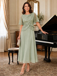 Tea-Length Chiffon Mother of the Bride Dress with Sequin Lace Sleeves