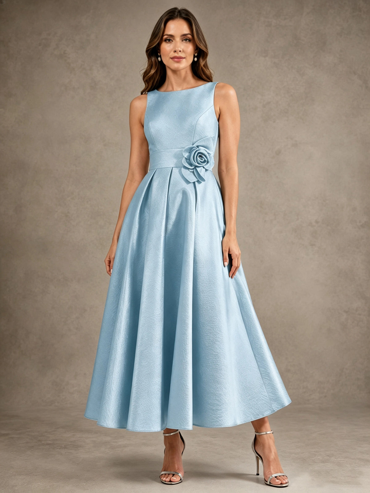 Tea-Length Satin Mother of the Bride Dress with 3D Flower Detail