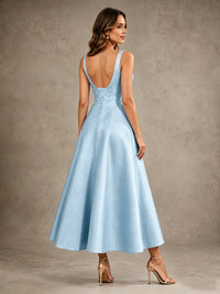 Tea-Length Satin Mother of the Bride Dress with 3D Flower Detail