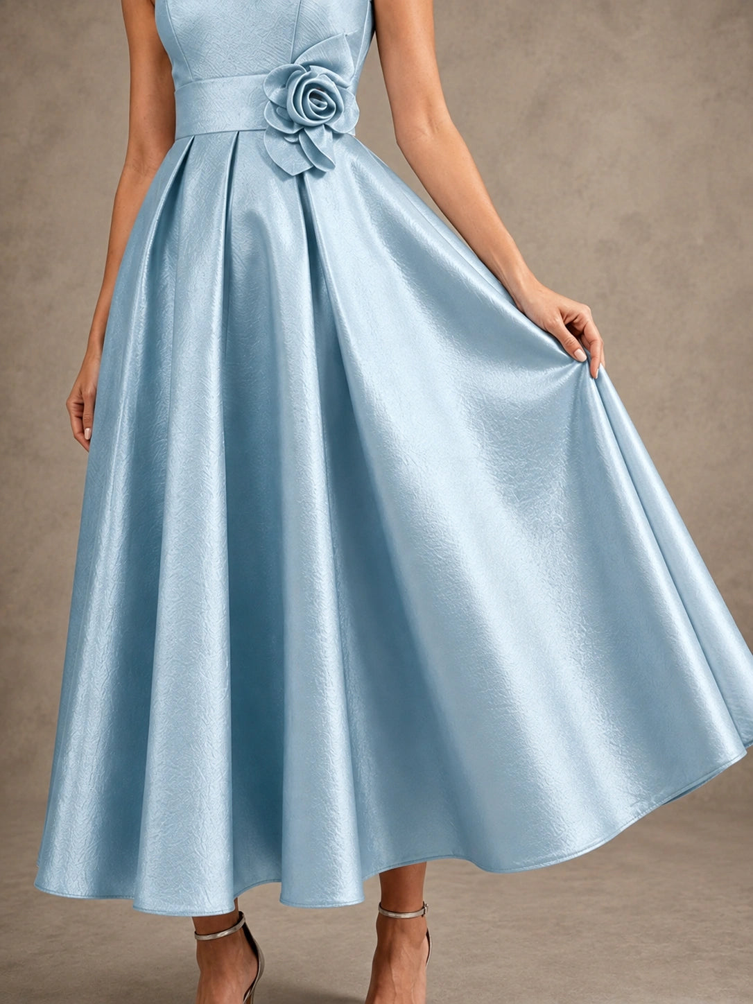 Tea-Length Satin Mother of the Bride Dress with 3D Flower Detail