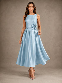 Tea-Length Satin Mother of the Bride Dress with 3D Flower Detail