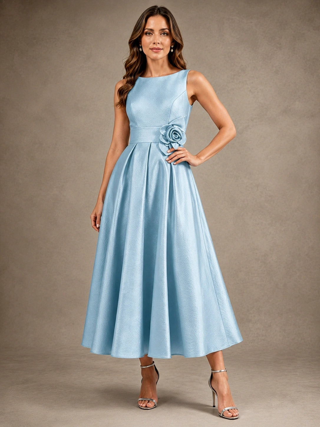 Tea-Length Satin Mother of the Bride Dress with 3D Flower Detail