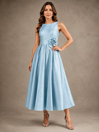 Tea-Length Satin Mother of the Bride Dress with 3D Flower Detail