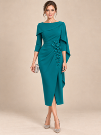 Light Blue Cape Sleeve Mother of the Bride Midi Dress with Floral Applique