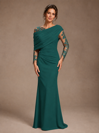 Dusty Rose Illusion Long Sleeve Chiffon Applique Mother of The Bride Dress