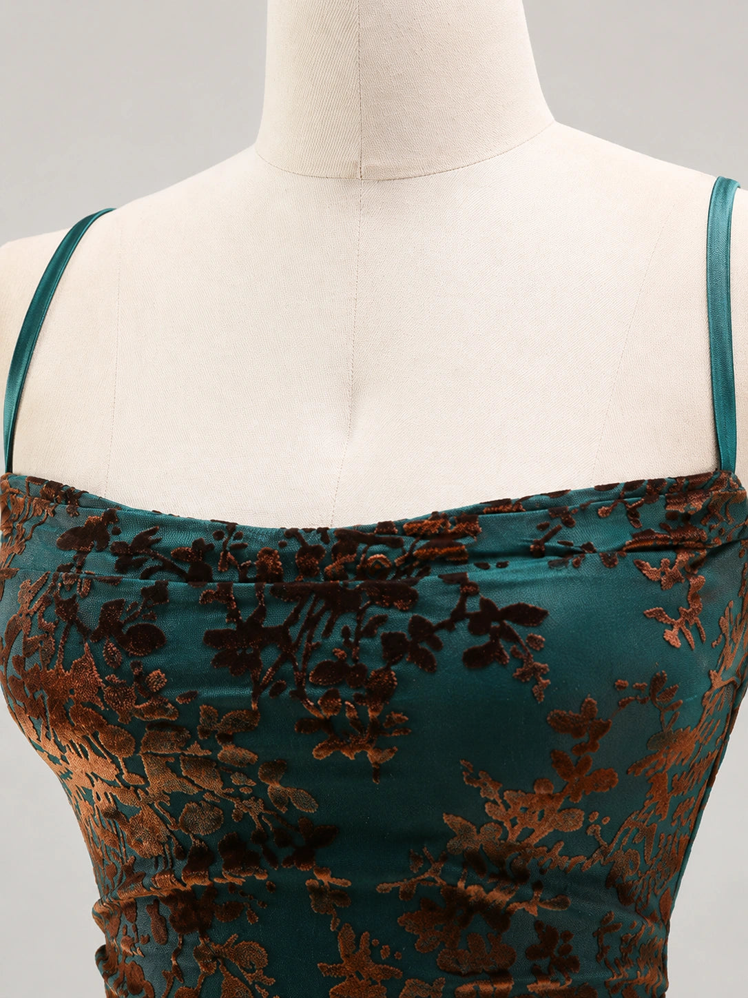 Teal Floral Satin Mini Dress with Ruched Bust and Spaghetti Straps