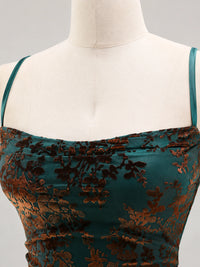 Teal Floral Satin Mini Dress with Ruched Bust and Spaghetti Straps
